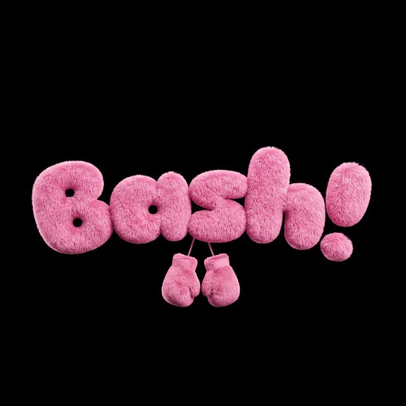 Bash! logo in roze bont met bokshandschoenen